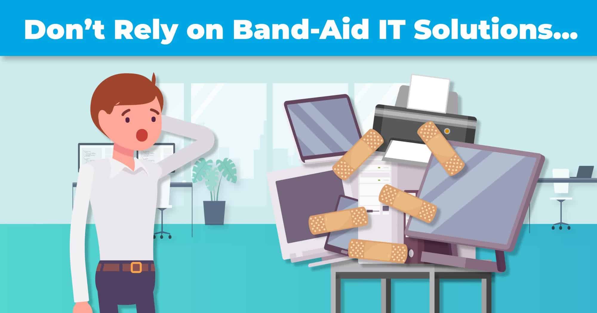 Person staring a computers held together by band-aids